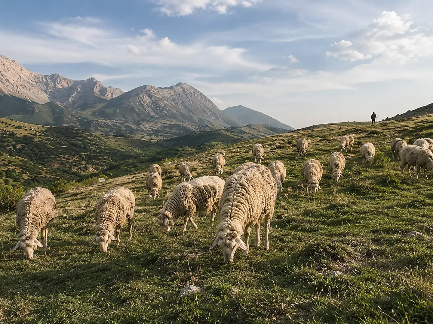 Gregge al pascolo con le montagne abruzzesi sullo sfondo