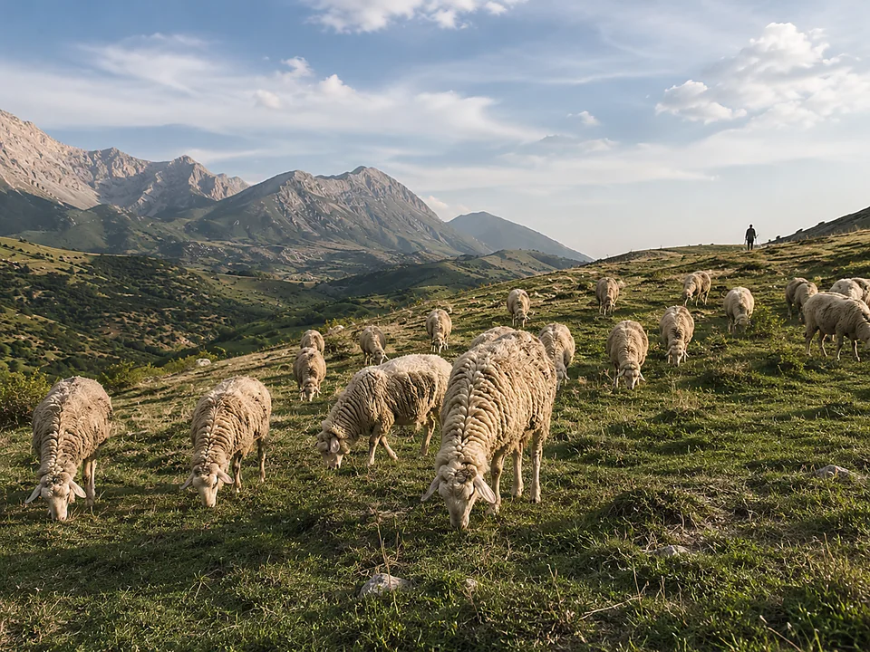 Gregge di pecore al pascolo con le montagne abruzzesi sullo sfondo