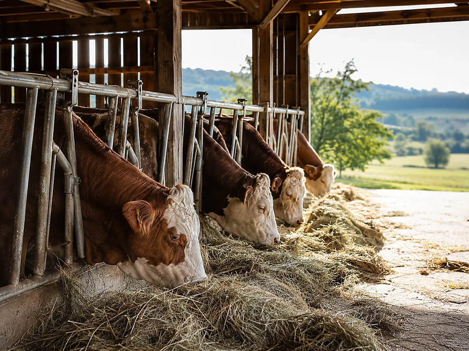 Vitelli nella stalla durante la distribuzione del foraggio